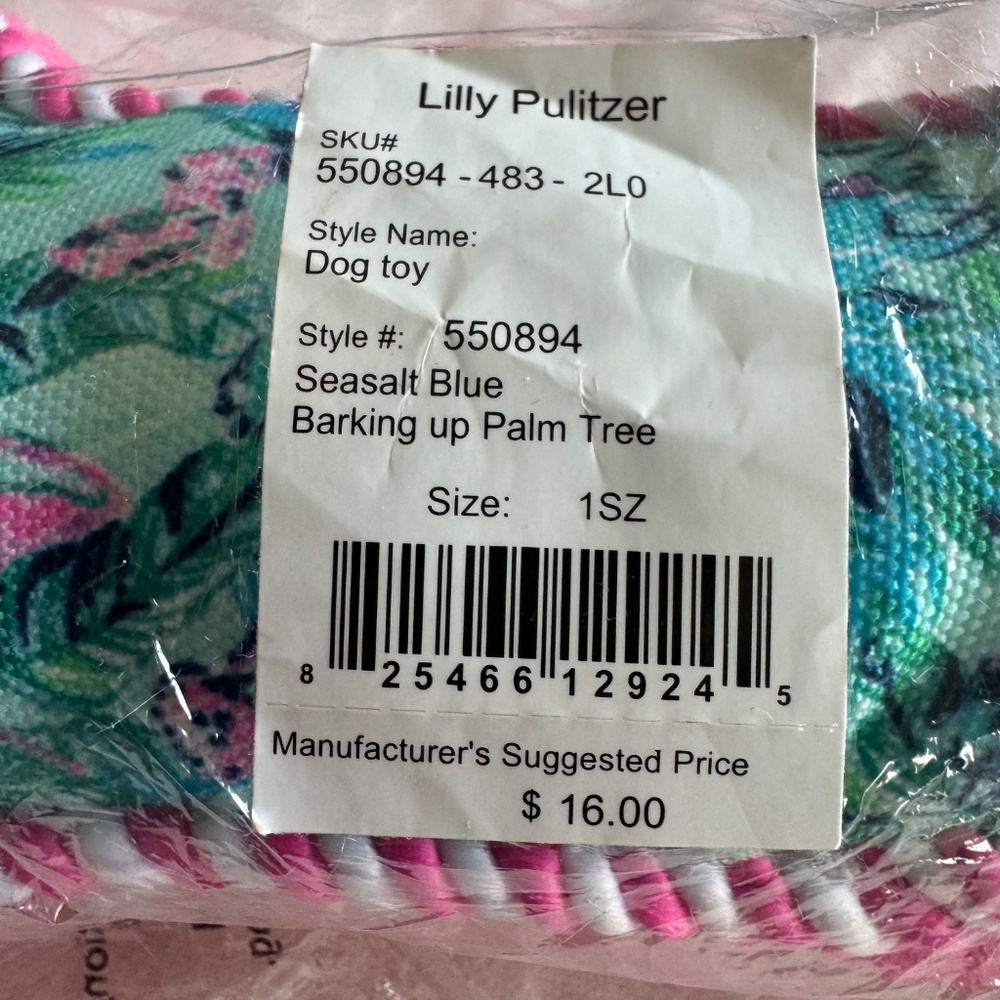 Lilly Pulitzer Plush Dog Toy Bone Shaped: 4.5 x 9, Barking Up Palm - Picture 6 of 10